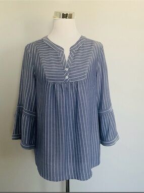 Ivy Ridge Womens Large Blue White Pinstripe Bell Sleeve Babydoll Blouse Shirt